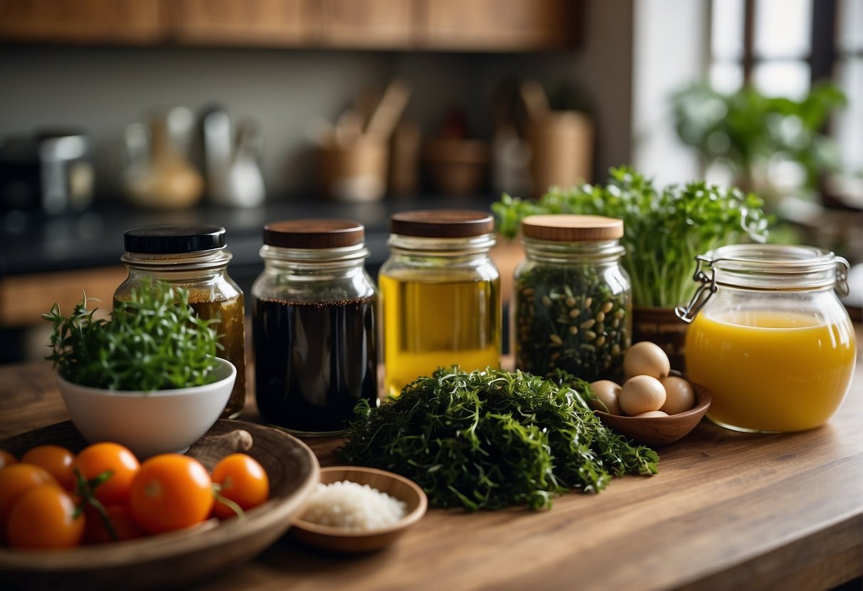 A clean, well-lit kitchen counter with a variety of fresh ingredients laid out, including seaweed, sesame oil, soy sauce, and rice vinegar