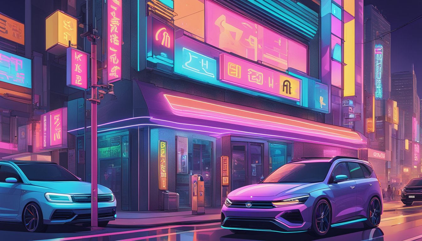 A futuristic Korean streetwear brand logo displayed on a bustling urban street corner, surrounded by vibrant neon signs and modern architecture