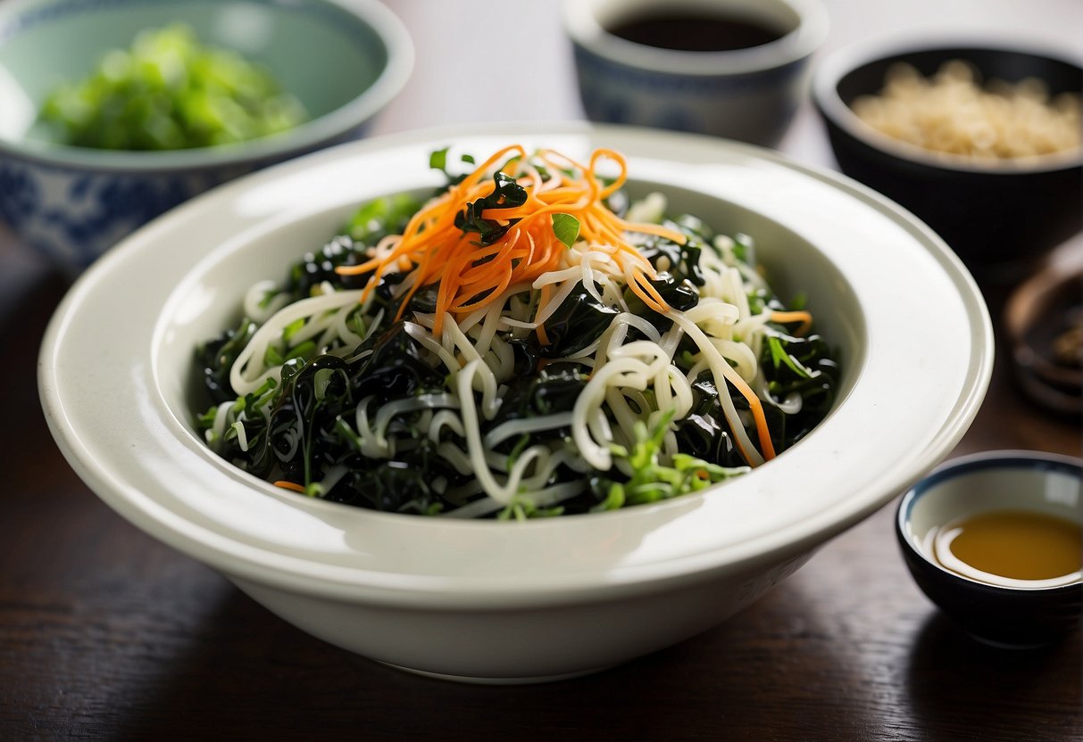 A vibrant bowl of Chinese seaweed salad surrounded by chopsticks, a small dish of soy sauce, and a pot of green tea