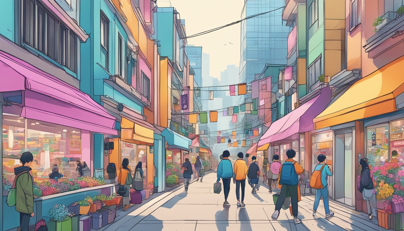 A bustling street in Korea with colorful storefronts and trendy fashion displays, showcasing the unique and vibrant streetwear brand