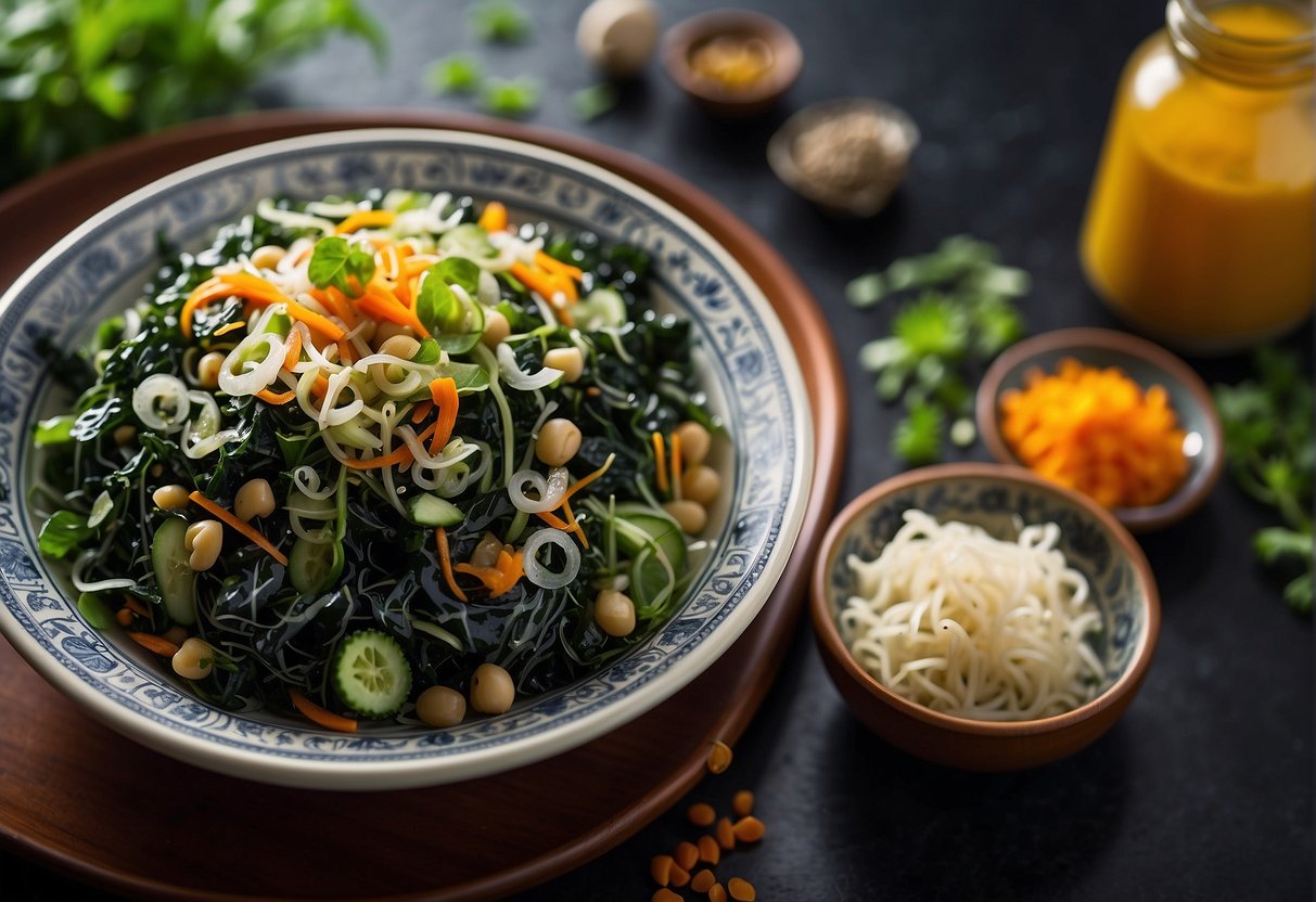 A bowl of Chinese seaweed salad with nutritional information and dietary considerations displayed next to it