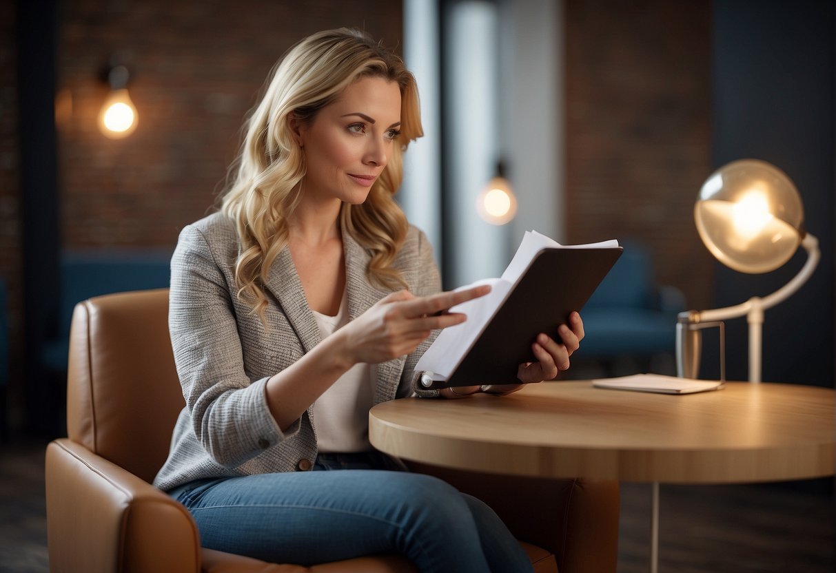 A woman reading a list of "Frequently Asked Questions" about pubic hair removal, with a computer or smartphone in hand, sitting in a comfortable chair