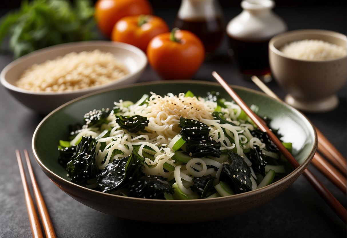 A bowl of Chinese seaweed salad surrounded by ingredients like sesame seeds, soy sauce, and vinegar, with chopsticks resting on the side