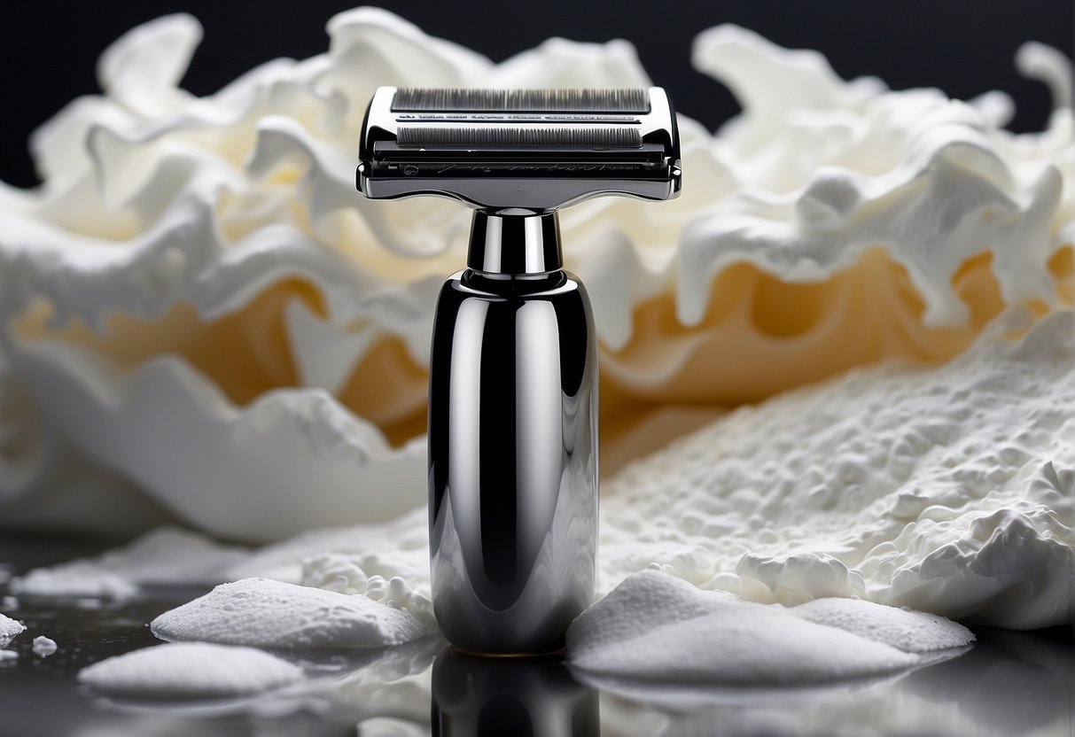 A razor and shaving cream on a clean, white surface