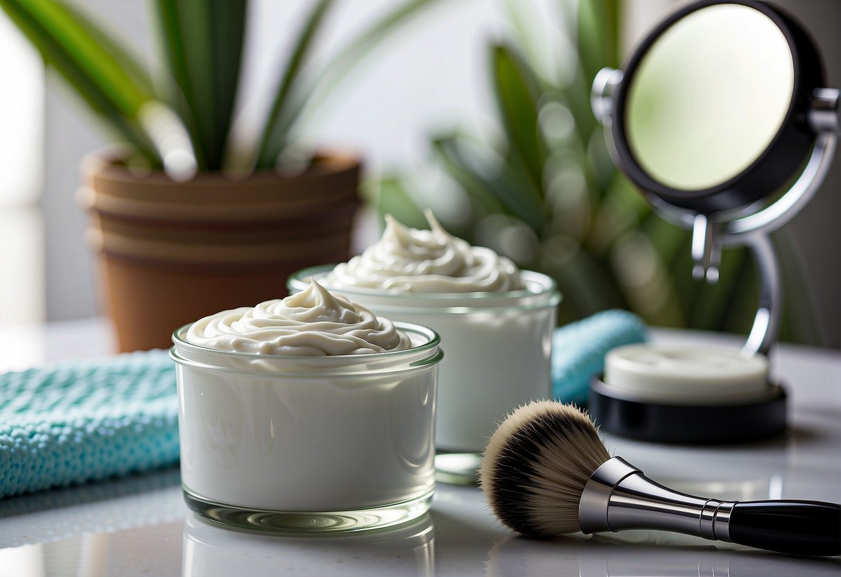 A razor and shaving cream on a clean surface, with a towel and a small mirror nearby