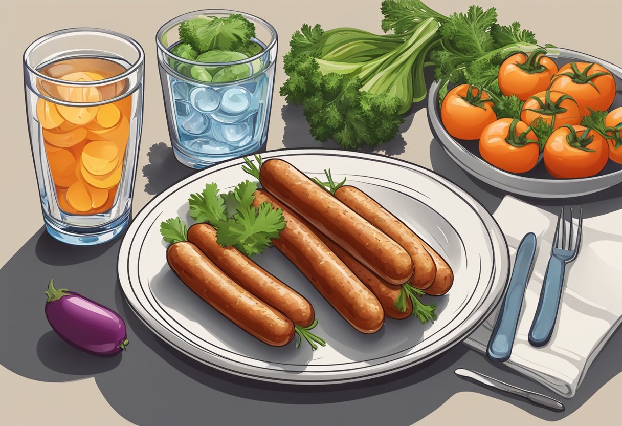 Sausage sticks sit on a plate next to a pile of fresh vegetables and a glass of water