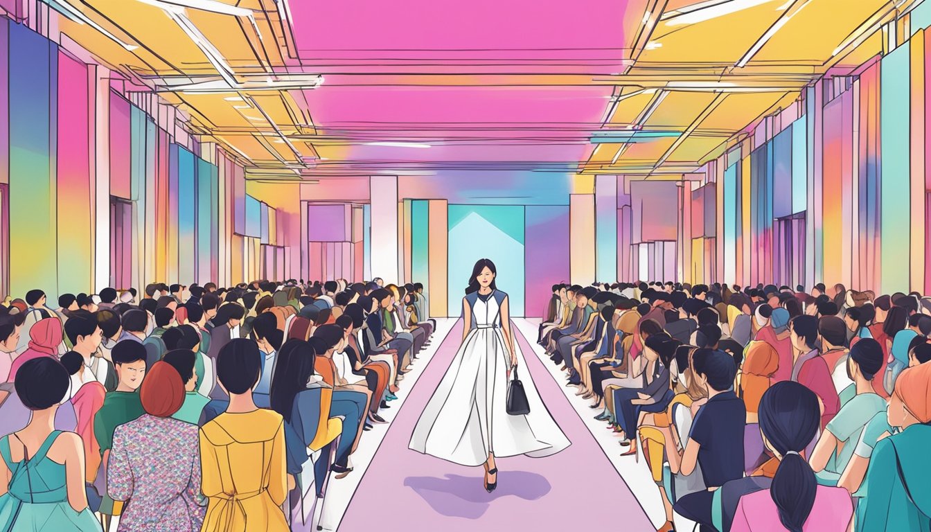 A colorful runway showcasing Singaporean fashion brands at a trendy fashion show