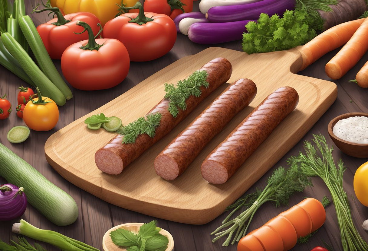 A variety of sausage sticks lay on a wooden cutting board, surrounded by colorful vegetables and herbs. A nutrition label is visible, indicating the healthy ingredients used