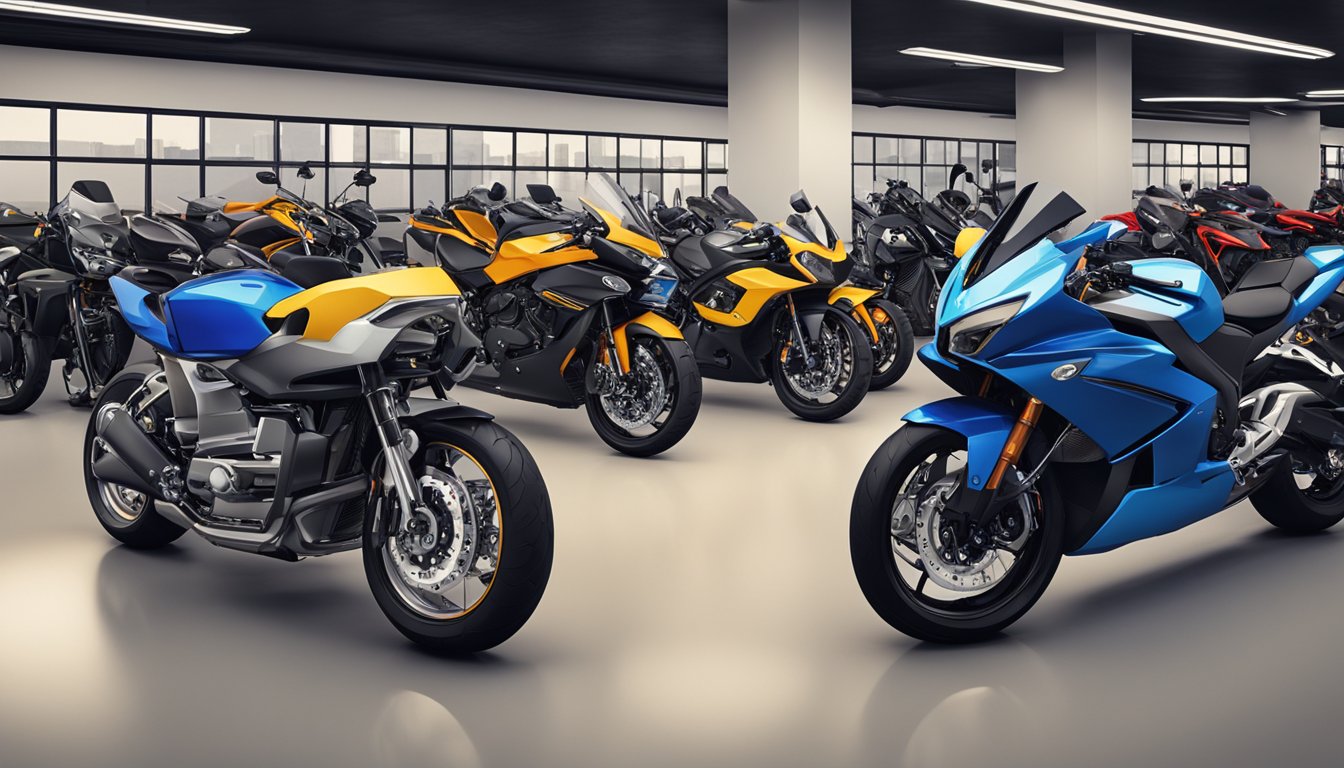 Various motorcycle brands lined up in a showroom, each with its unique design and logo displayed prominently