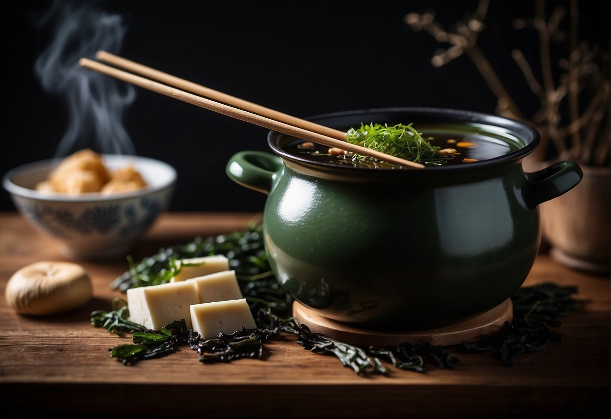 A pot of boiling broth with seaweed, mushrooms, and tofu floating inside. A pair of chopsticks rests on the edge of the pot