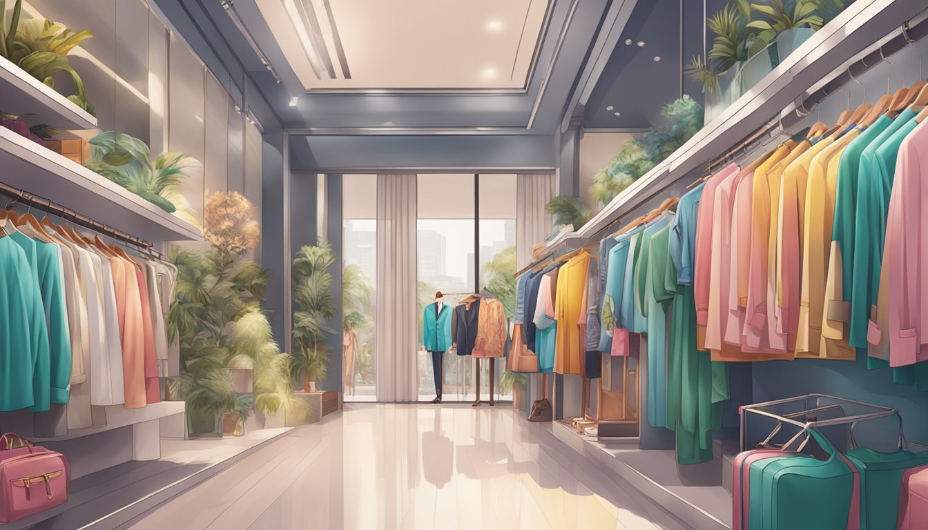 A vibrant display of Singaporean fashion brands in a spotlight, showcasing their unique designs and styles