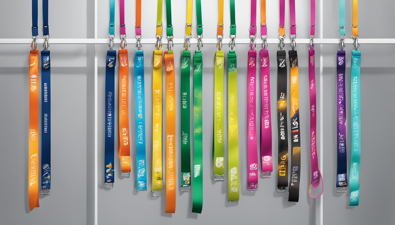 Colorful branded lanyards hanging from a display rack in a well-lit store