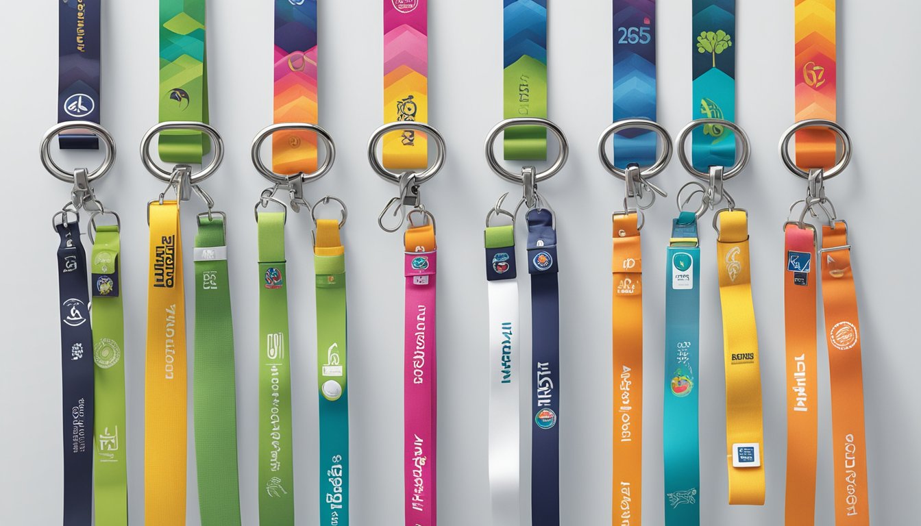 A colorful assortment of branded lanyards hang neatly on display hooks, showcasing different designs and logos. The backdrop features a clean, modern setting with subtle branding elements