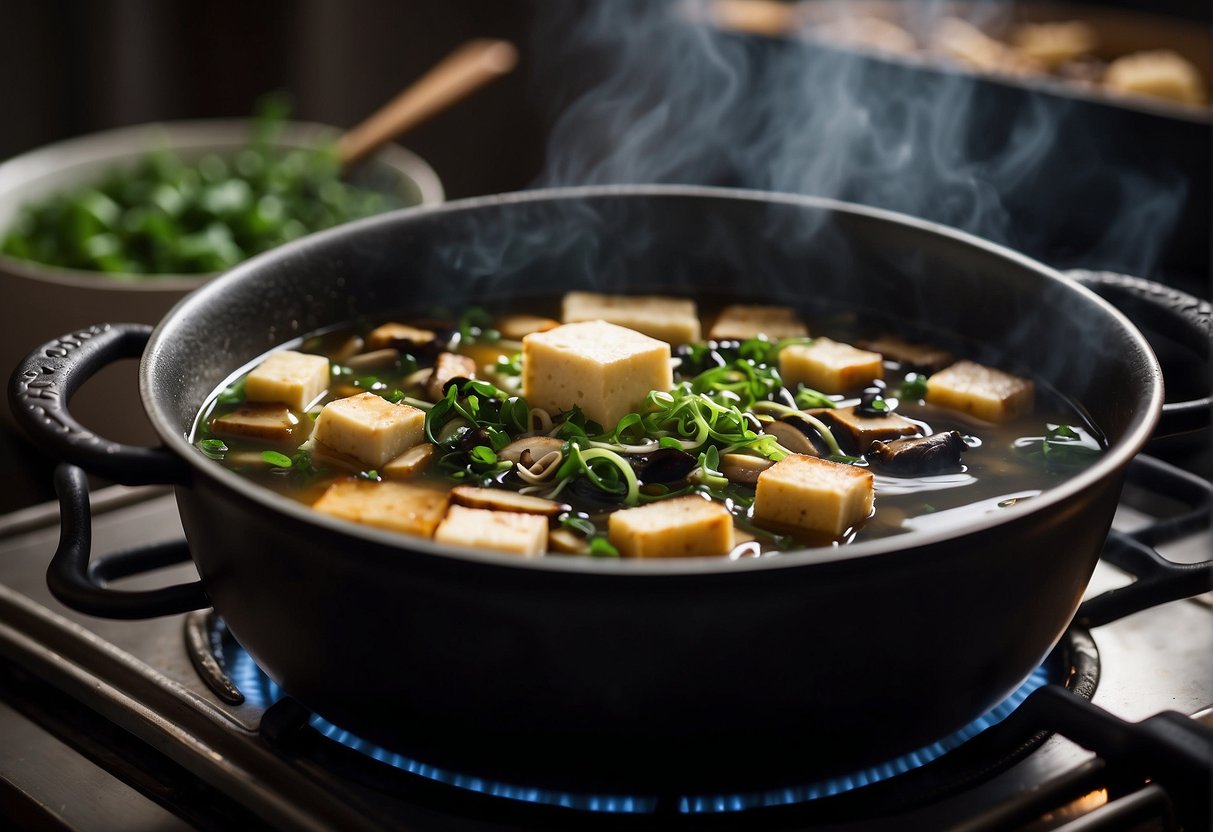 A pot simmering on a stove with Chinese seaweed, mushrooms, and tofu floating in a clear broth, garnished with green onions and sesame oil