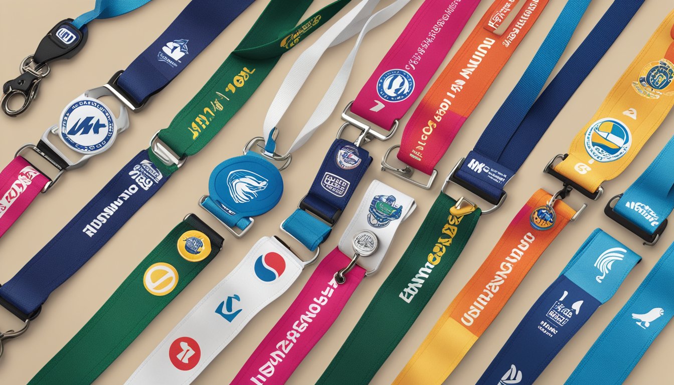 Various branded lanyards displayed on a table, including fabric, nylon, and polyester options. Each lanyard features different logos and designs for various events