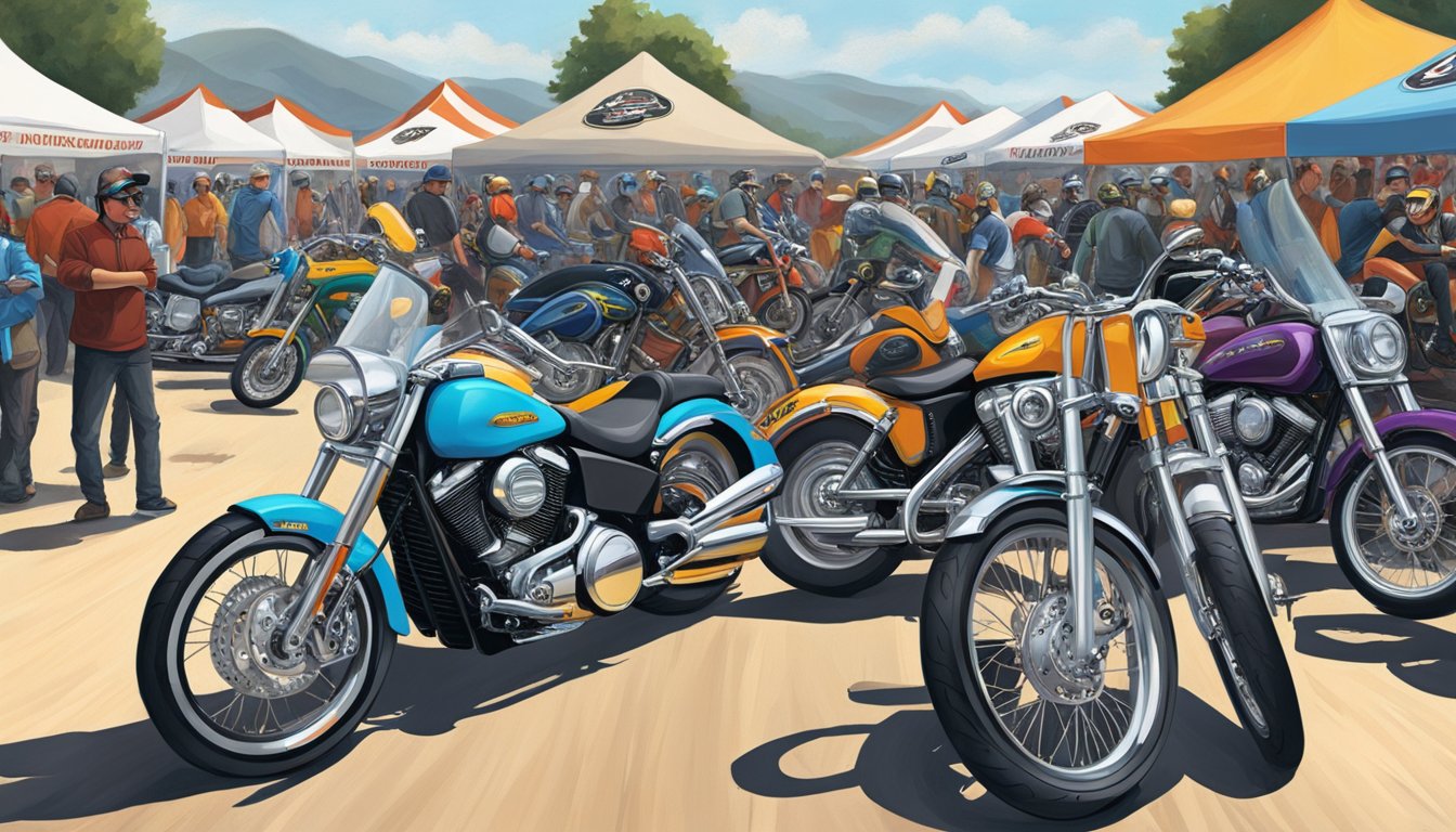 Motorcycle brands on display at a bustling bike rally. Customized bikes, leather gear, and iconic logos create a vibrant scene