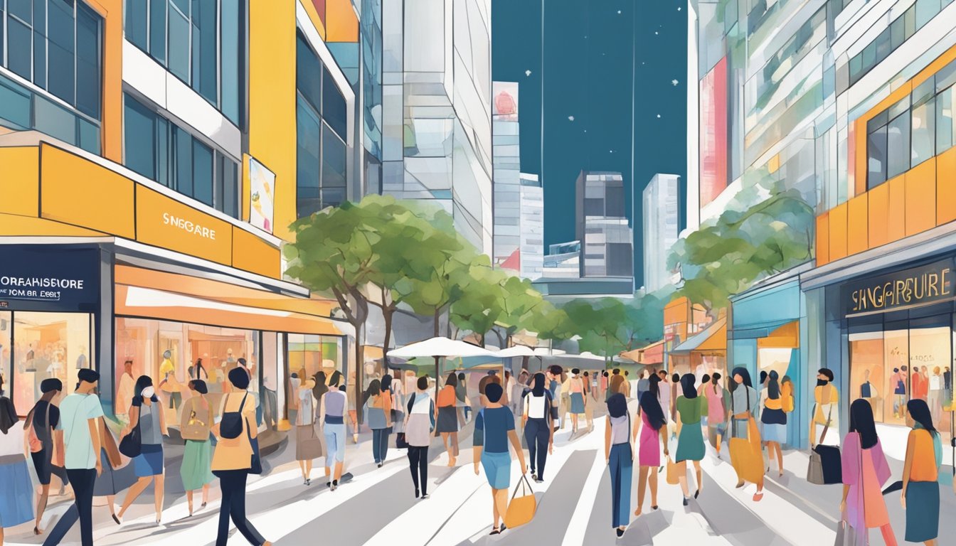 A bustling street lined with vibrant storefronts showcasing local fashion brands in Singapore's Orchard Road. Pedestrians stroll by, admiring the latest trends and designs