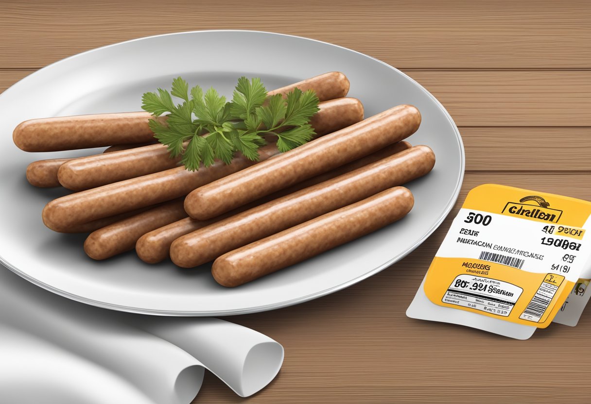 A plate of sausage sticks next to a nutrition label