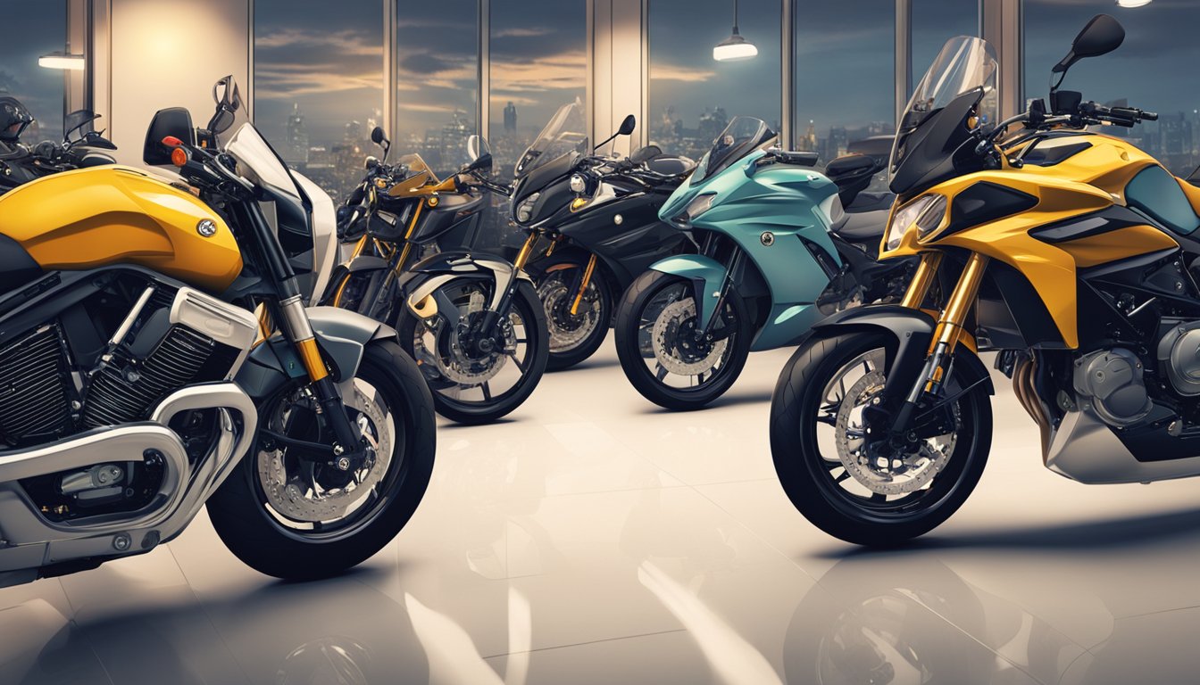 A row of iconic motorcycle brands displayed on a showroom floor, each shining under the bright lights, waiting to be chosen by a prospective rider
