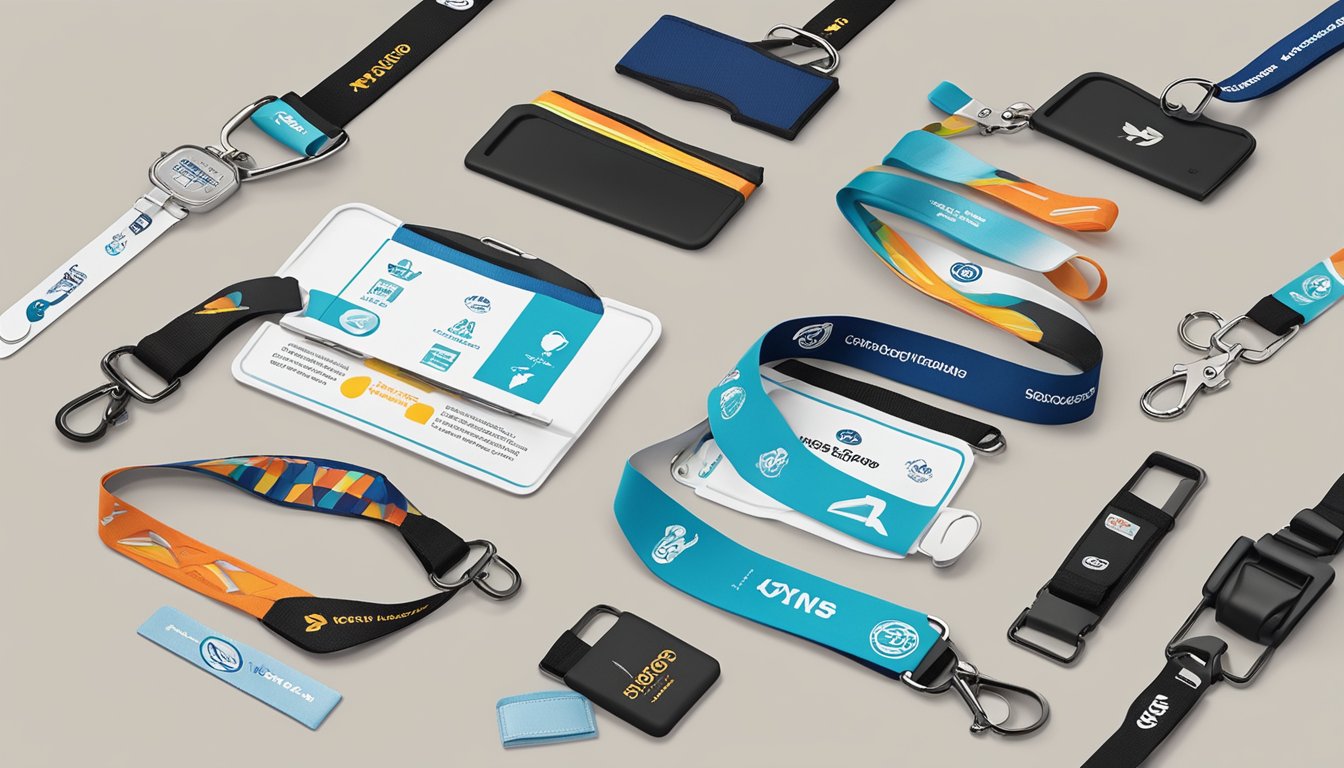 Branded lanyards with various accessories and add-ons displayed on a clean, organized surface
