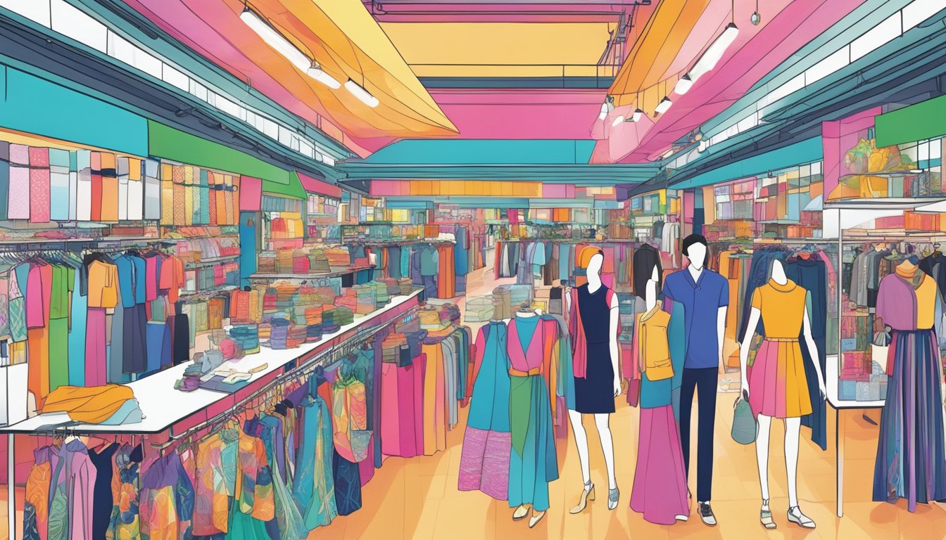 A bustling marketplace with colorful displays of cutting-edge fashion from local Singapore brands. Vibrant patterns and modern designs catch the eye