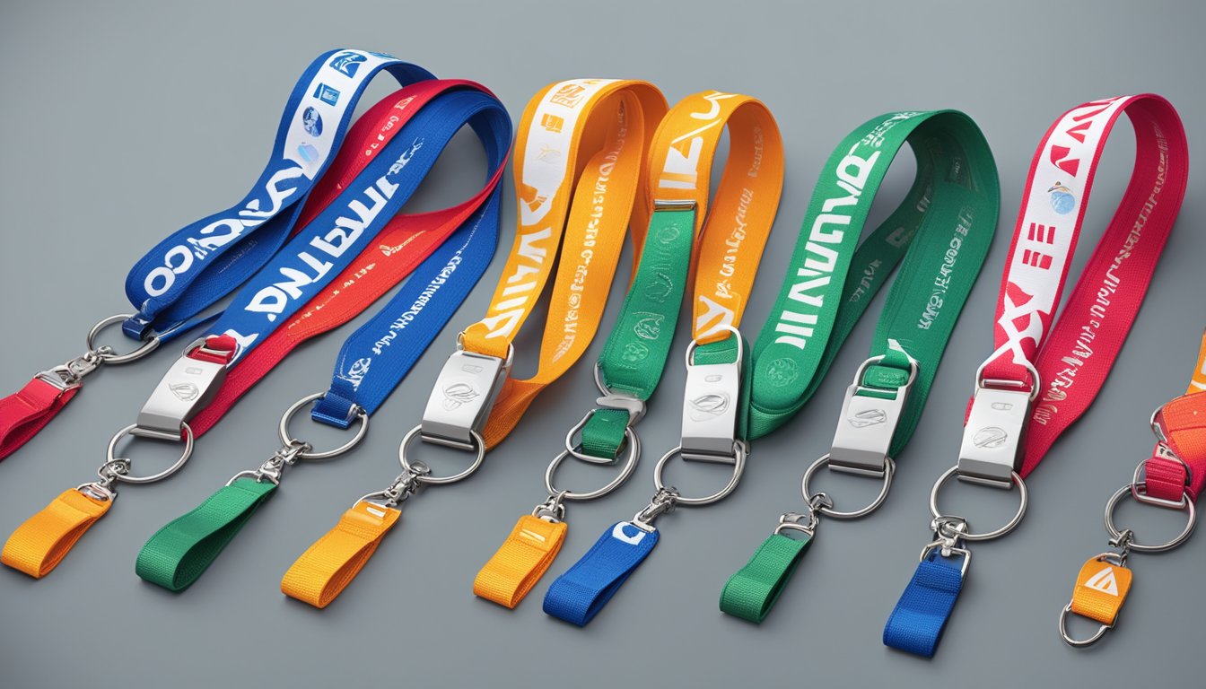 A group of branded lanyards arranged neatly on a display table, with the company logo prominently featured. Bright, eye-catching colors and high-quality materials convey a sense of professionalism and brand identity