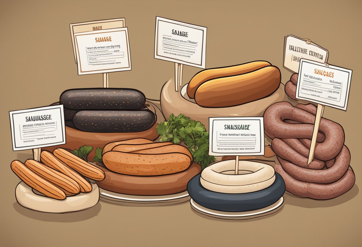 A variety of sausage options displayed with labels indicating healthier choices