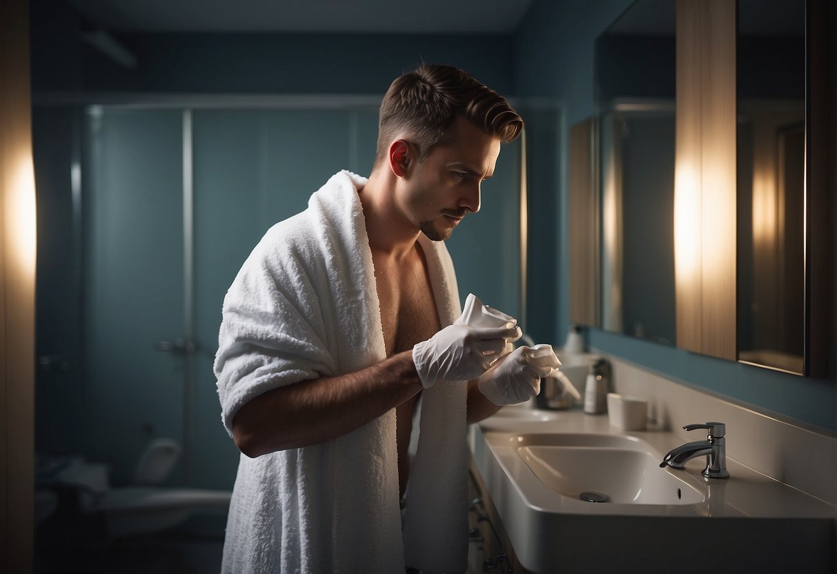 A person with a razor shaving cream on their hand, standing in front of a mirror with a towel around their waist, ready to shave their pubic hair