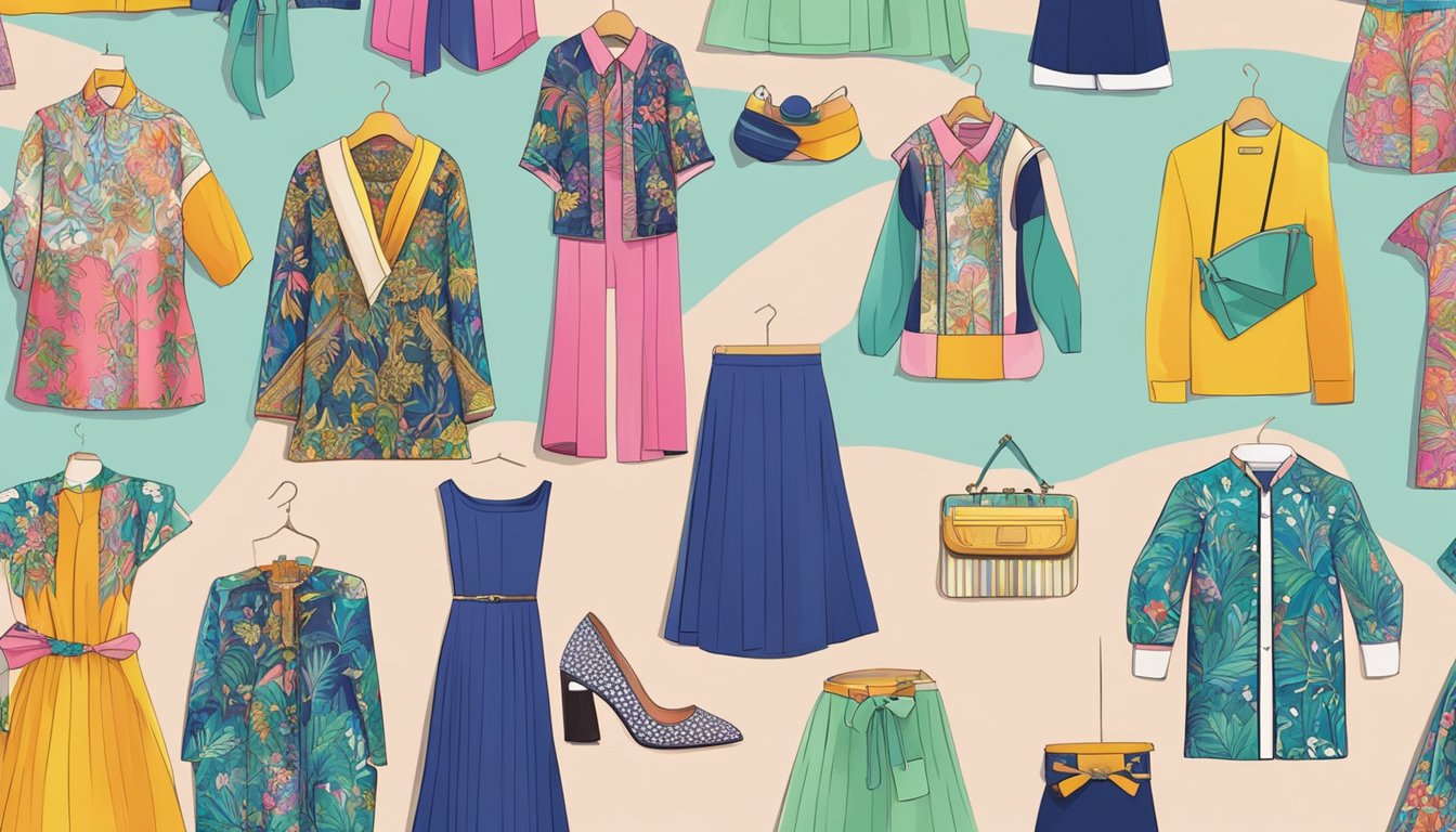 A colorful showcase of Singapore's local fashion brands, featuring modern designs with traditional influences and vibrant patterns
