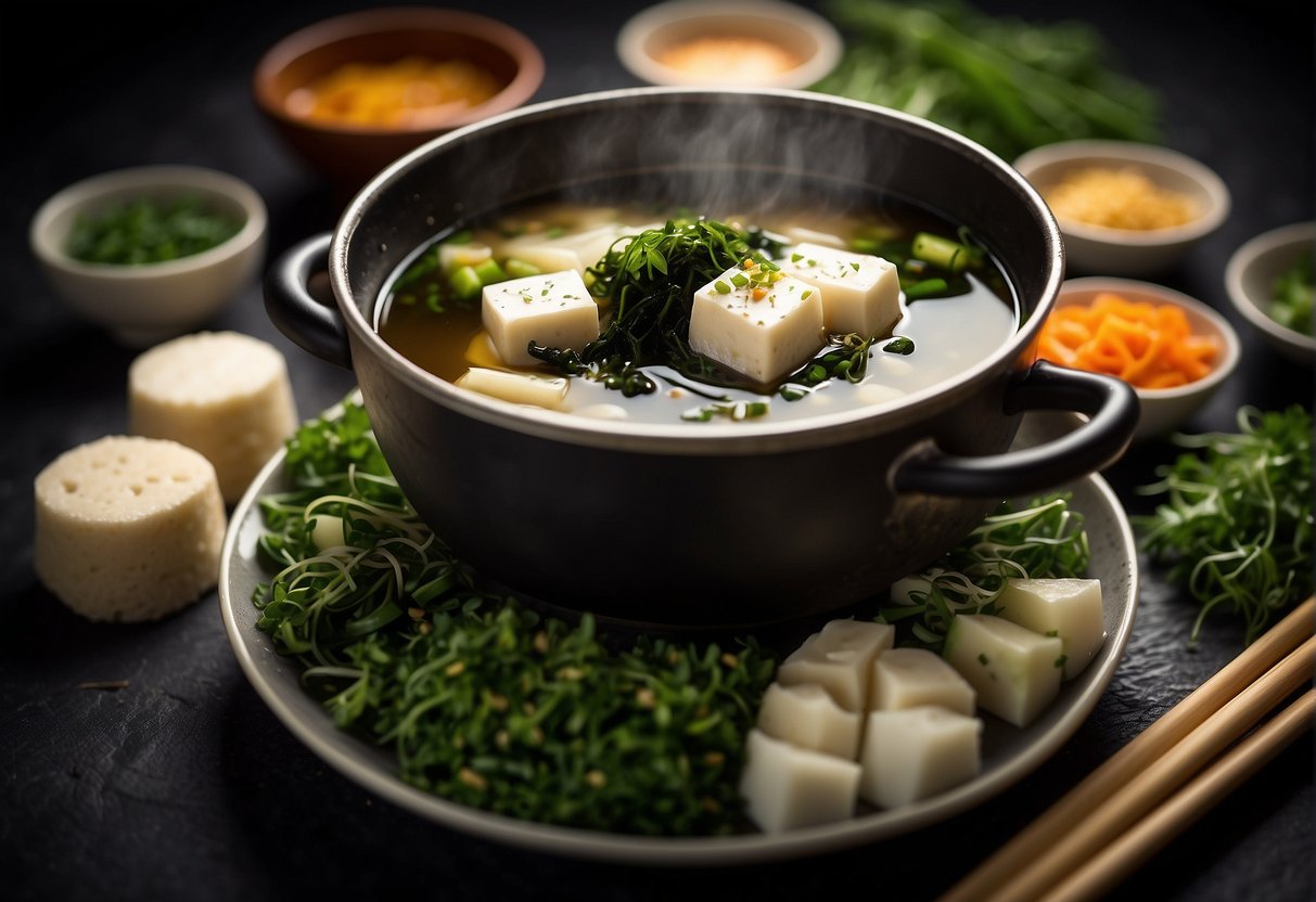 A pot of boiling broth with seaweed, tofu, and scallions. Ingredients laid out on a counter. Chopsticks and a ladle nearby