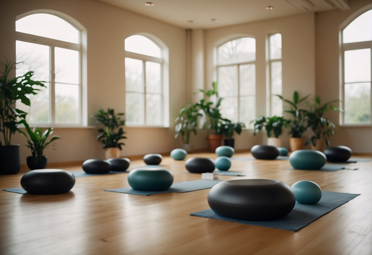 A serene studio with Pilates equipment, soft lighting, and a calming atmosphere. An instructor leads a class focused on sustainable weight management