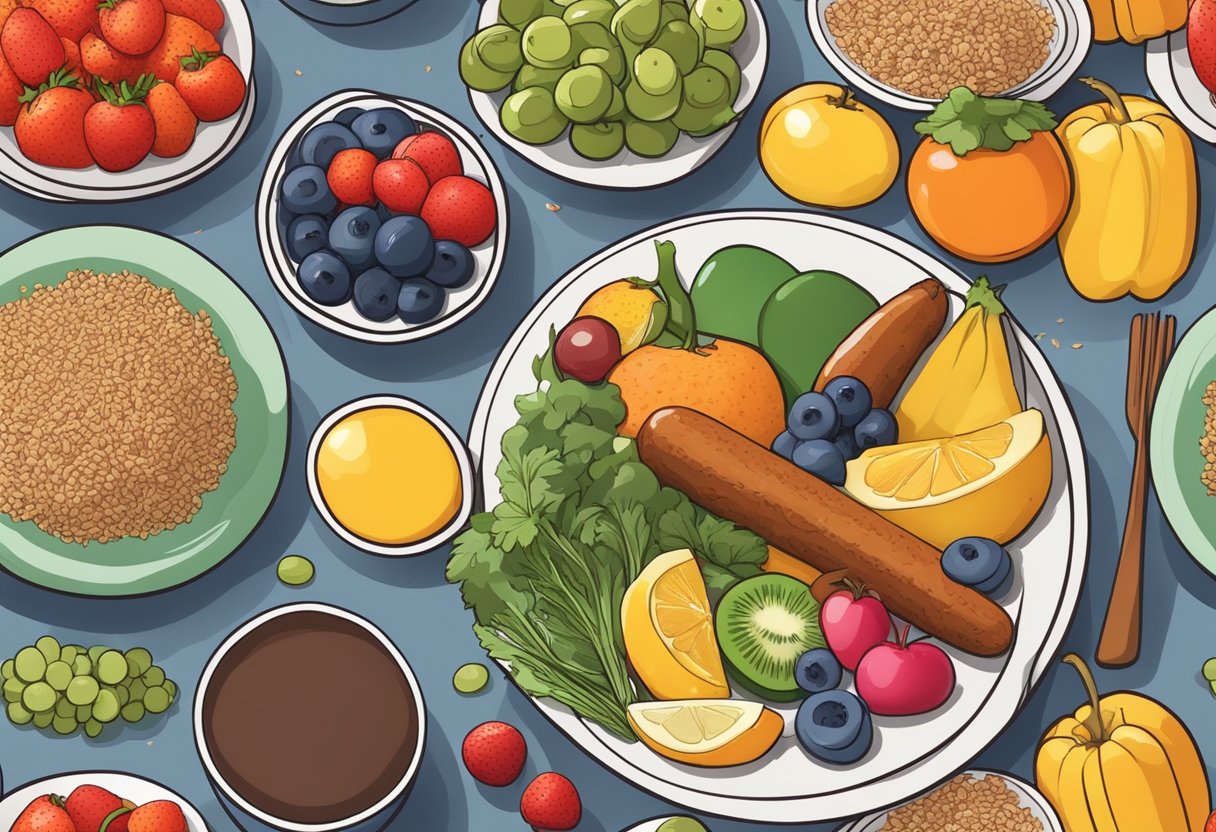 A colorful plate with a variety of fruits, vegetables, whole grains, and a few sausage sticks placed on the side