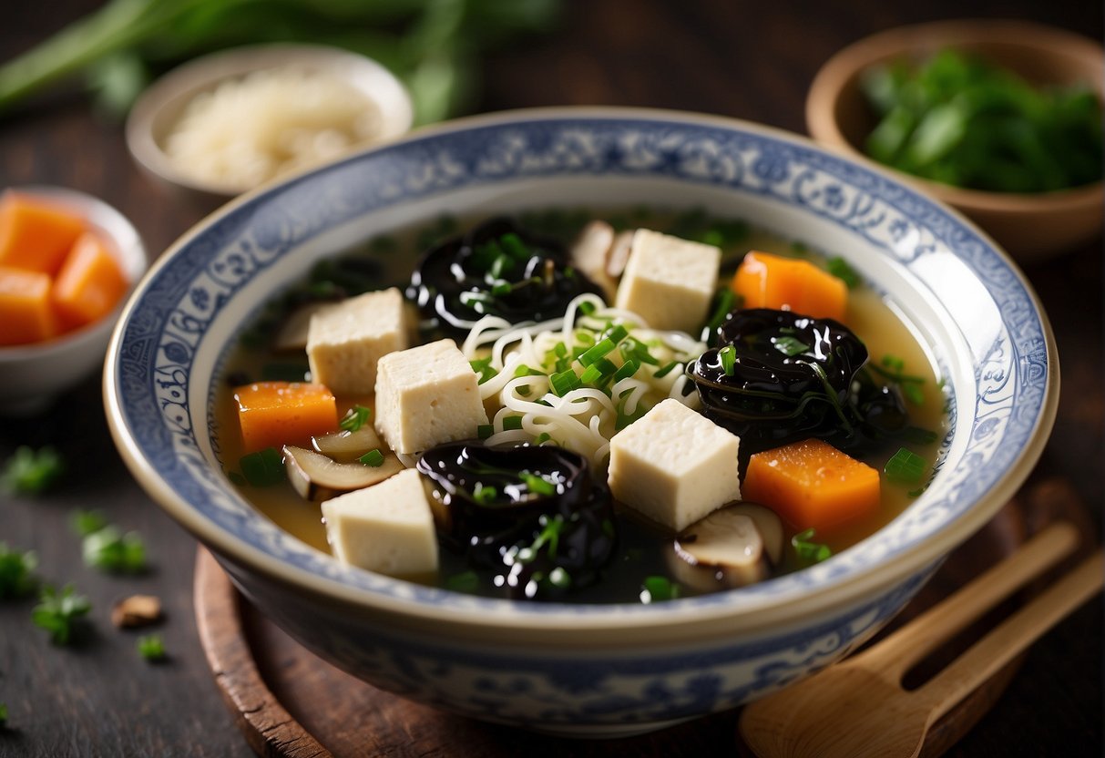 A steaming bowl of Chinese seaweed soup surrounded by fresh ingredients like tofu, mushrooms, and green onions