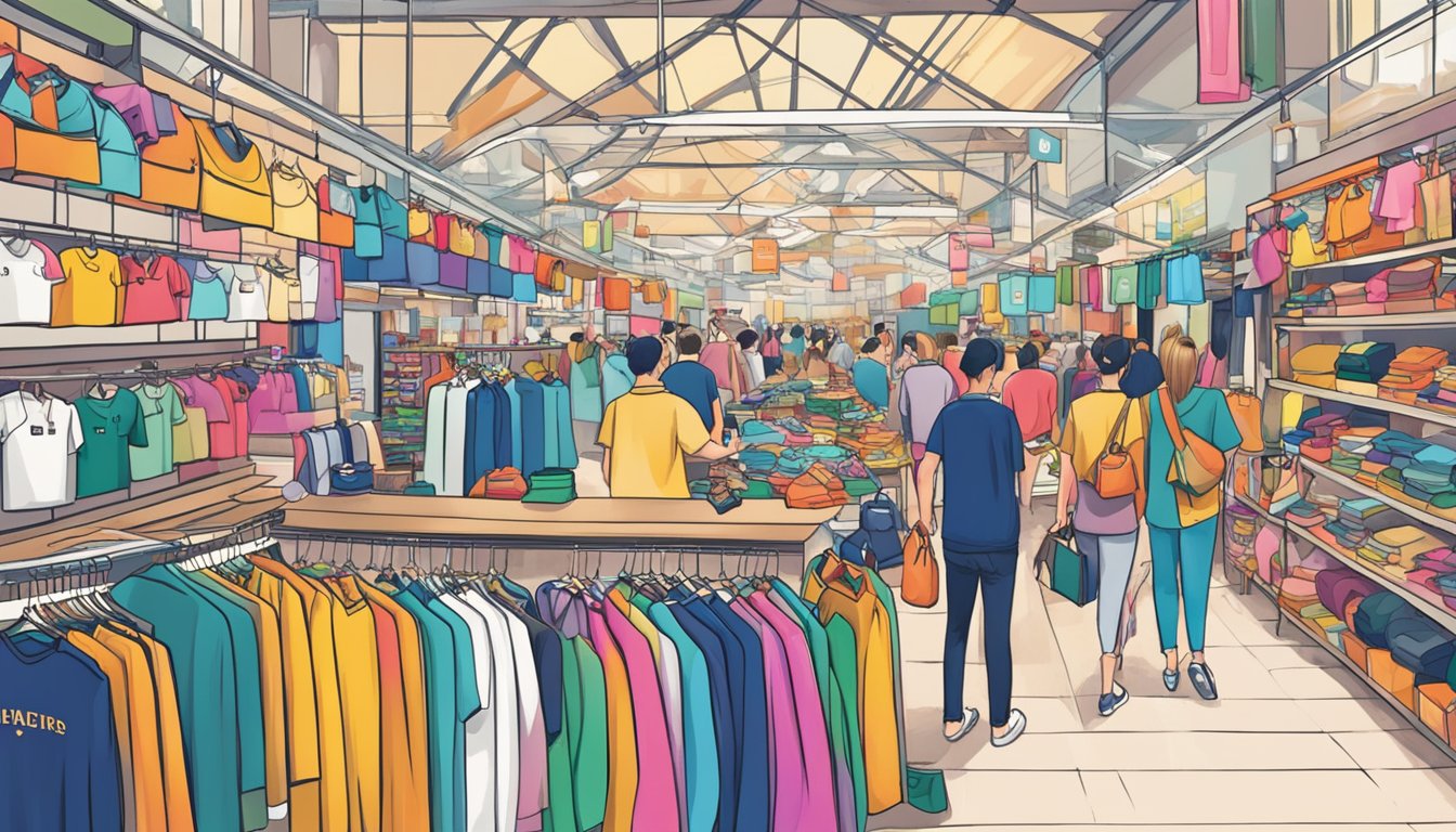 A colorful array of local fashion brands' logos and products displayed in a bustling Singapore market
