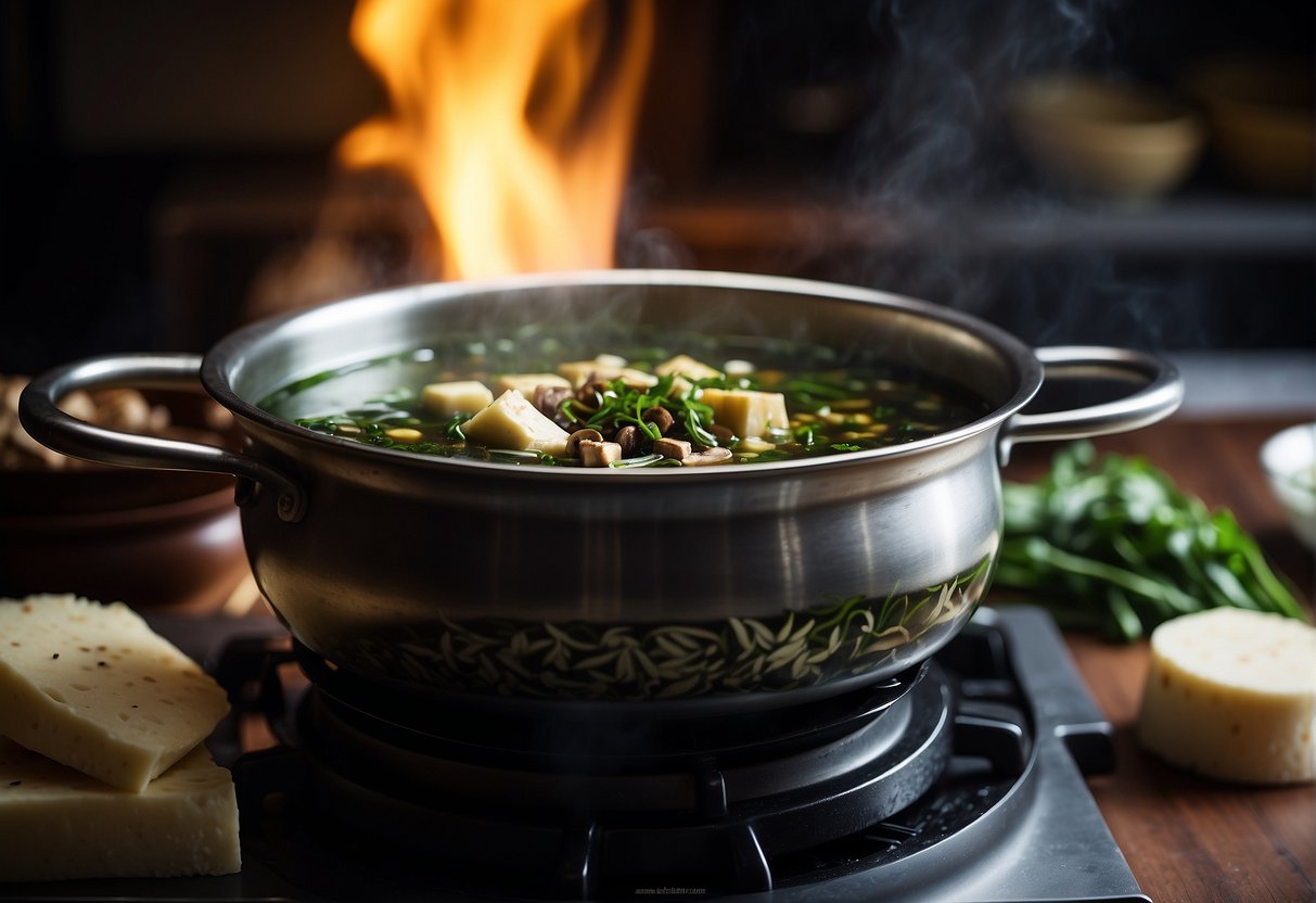 A pot of Chinese seaweed soup simmers on a stove, filled with nutritious ingredients like seaweed, mushrooms, and tofu, emitting a savory aroma