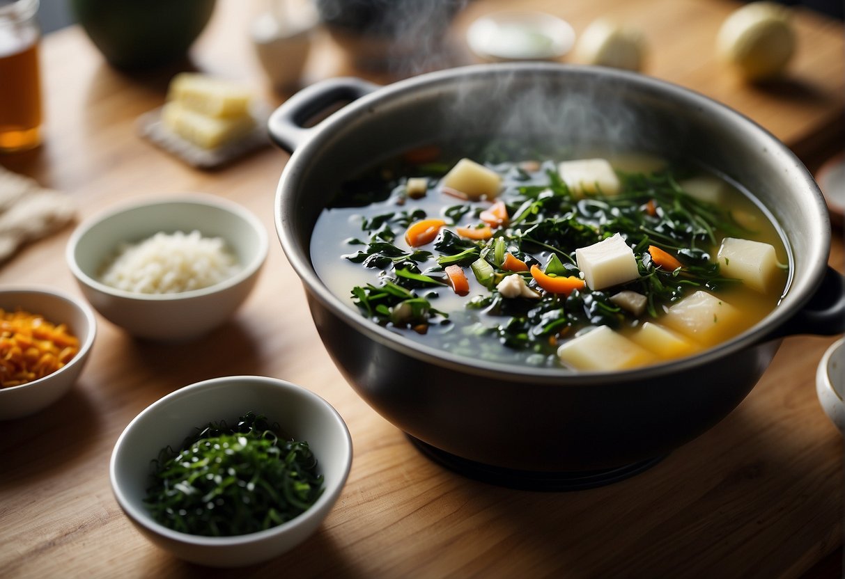 A steaming pot of Chinese seaweed soup with ingredients laid out on a kitchen counter. A recipe book open to the "Frequently Asked Questions" page