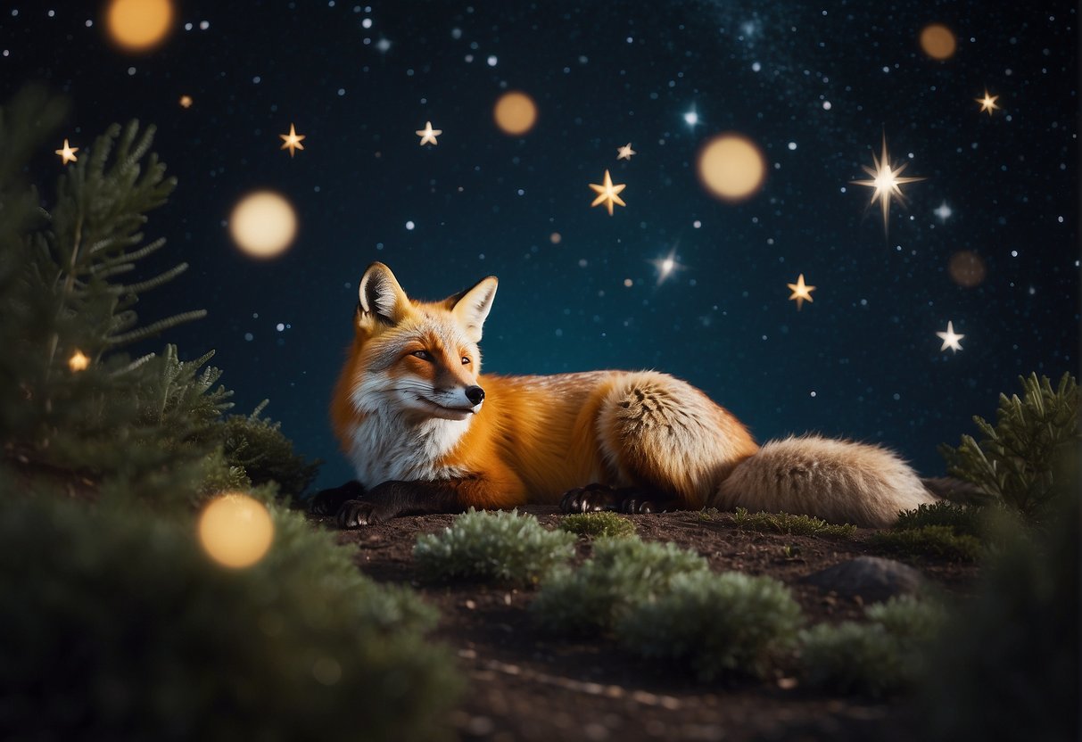 A fox peacefully sleeping under a starry night sky, surrounded by ethereal and surreal dream-like elements