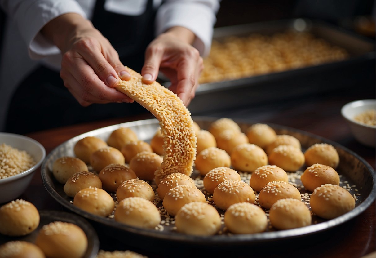 A chef rolls small balls of dough in sesame seeds, then fries them until golden brown. The crispy, chewy treat symbolizes good luck and prosperity in Chinese culture
