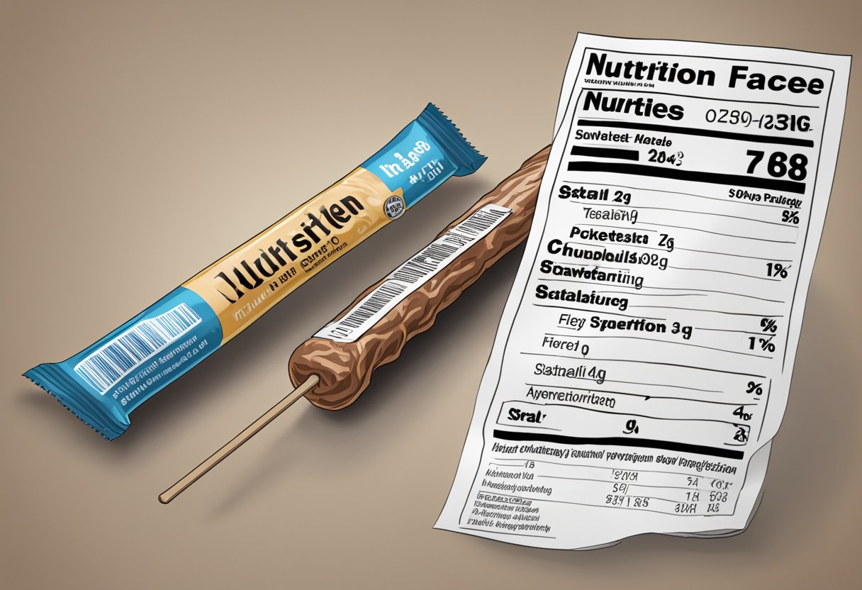 A meat stick sits on a table, with a nutrition label showing the amount of protein in clear view