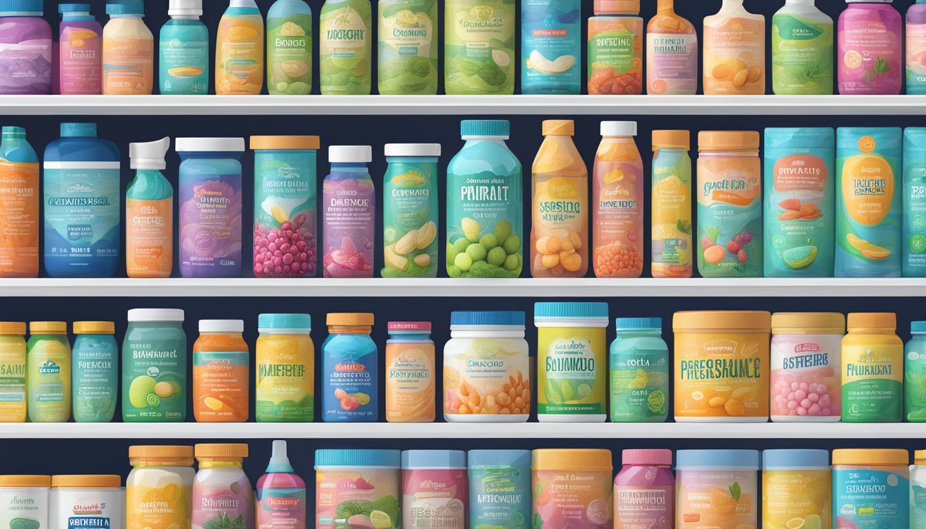 A colorful array of probiotic brands displayed on shelves, with vibrant packaging and labels showcasing the different strains and benefits of each product