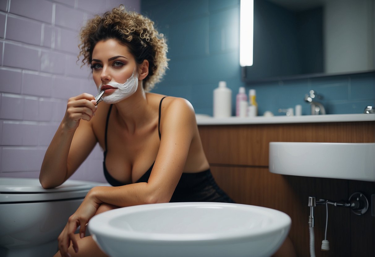 A woman shaving her pubic hair with a razor, surrounded by a clean and hygienic bathroom environment