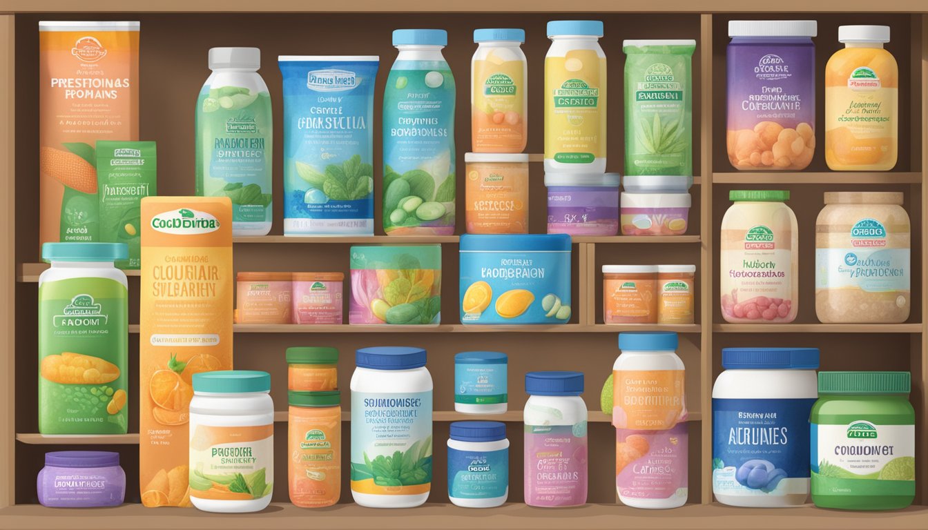A colorful array of probiotic brands displayed on a shelf, with labels showcasing various strains and benefits