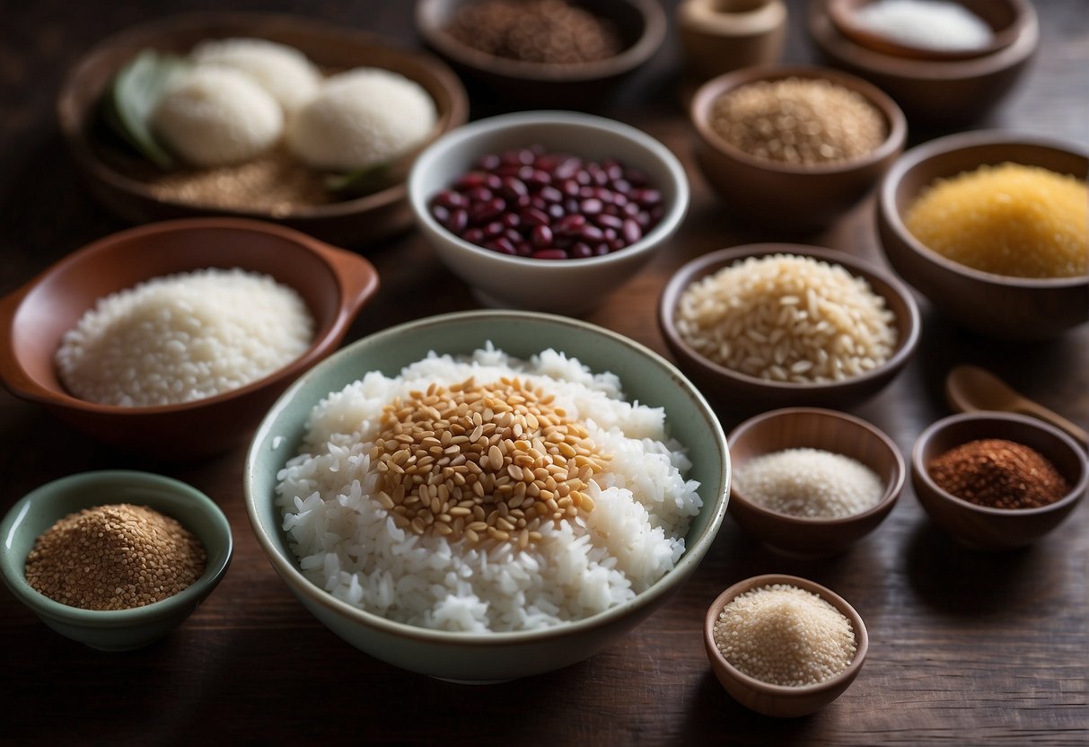 A table with ingredients: glutinous rice flour, sesame seeds, sugar, water, and red bean paste. Bowls and measuring tools are scattered around