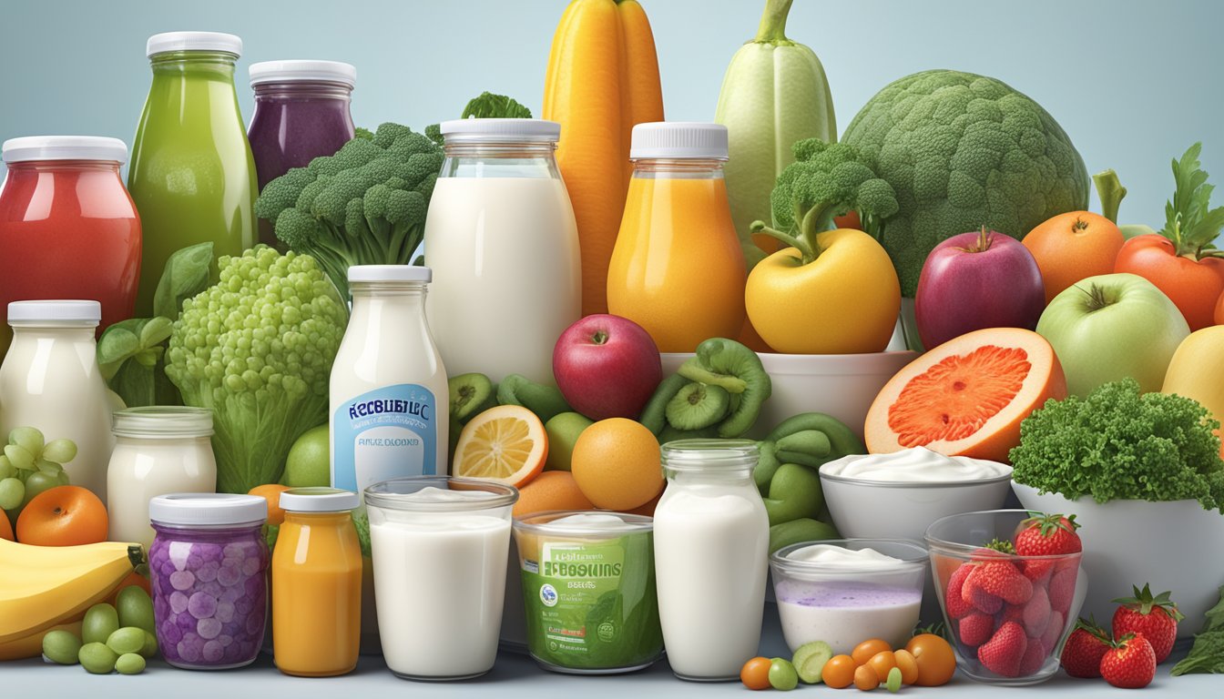 A colorful array of fresh fruits and vegetables, alongside containers of yogurt and kefir, with the labels of various probiotic brands prominently displayed