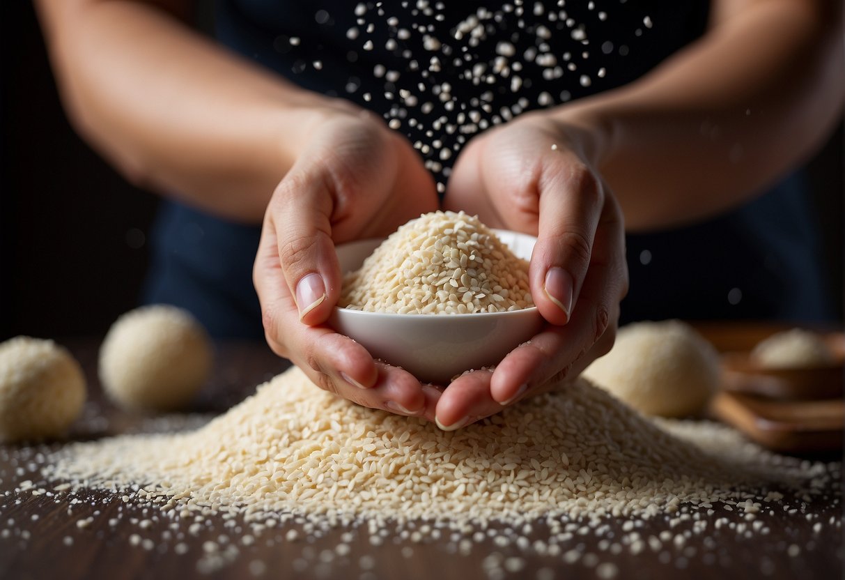 A pair of hands mix glutinous rice flour and water, forming a smooth dough. Sesame seeds are rolled into small balls and then coated with the dough