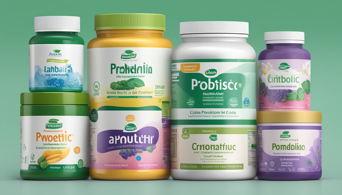 A variety of probiotic brands sit on a shelf, each with different packaging and labels. The brands range from capsules to powders, showcasing the options available to consumers