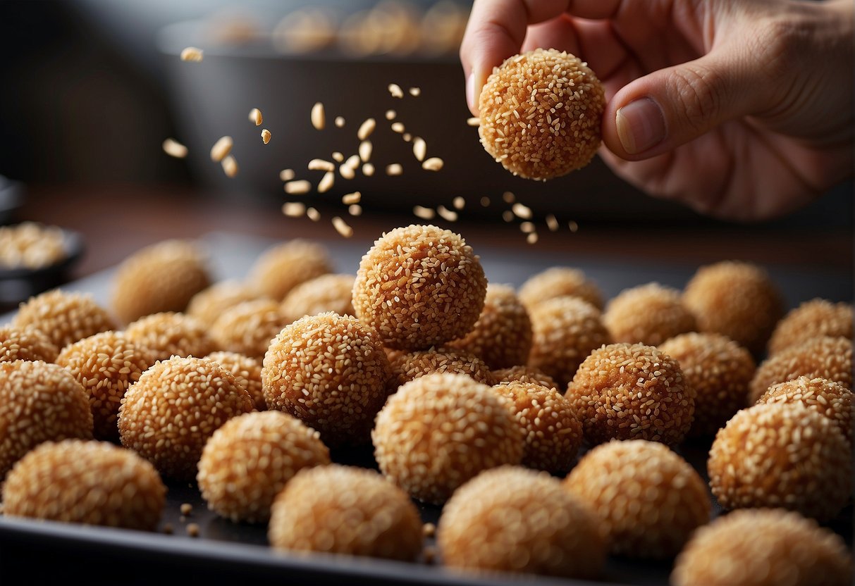 Sesame balls being rolled in sesame seeds, then fried until golden brown