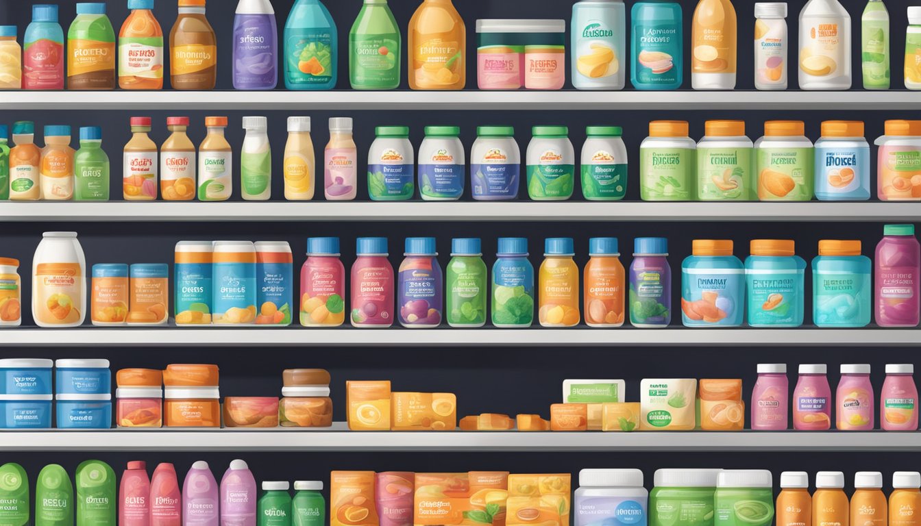 A display of popular probiotic brands and products arranged on a shelf in a store