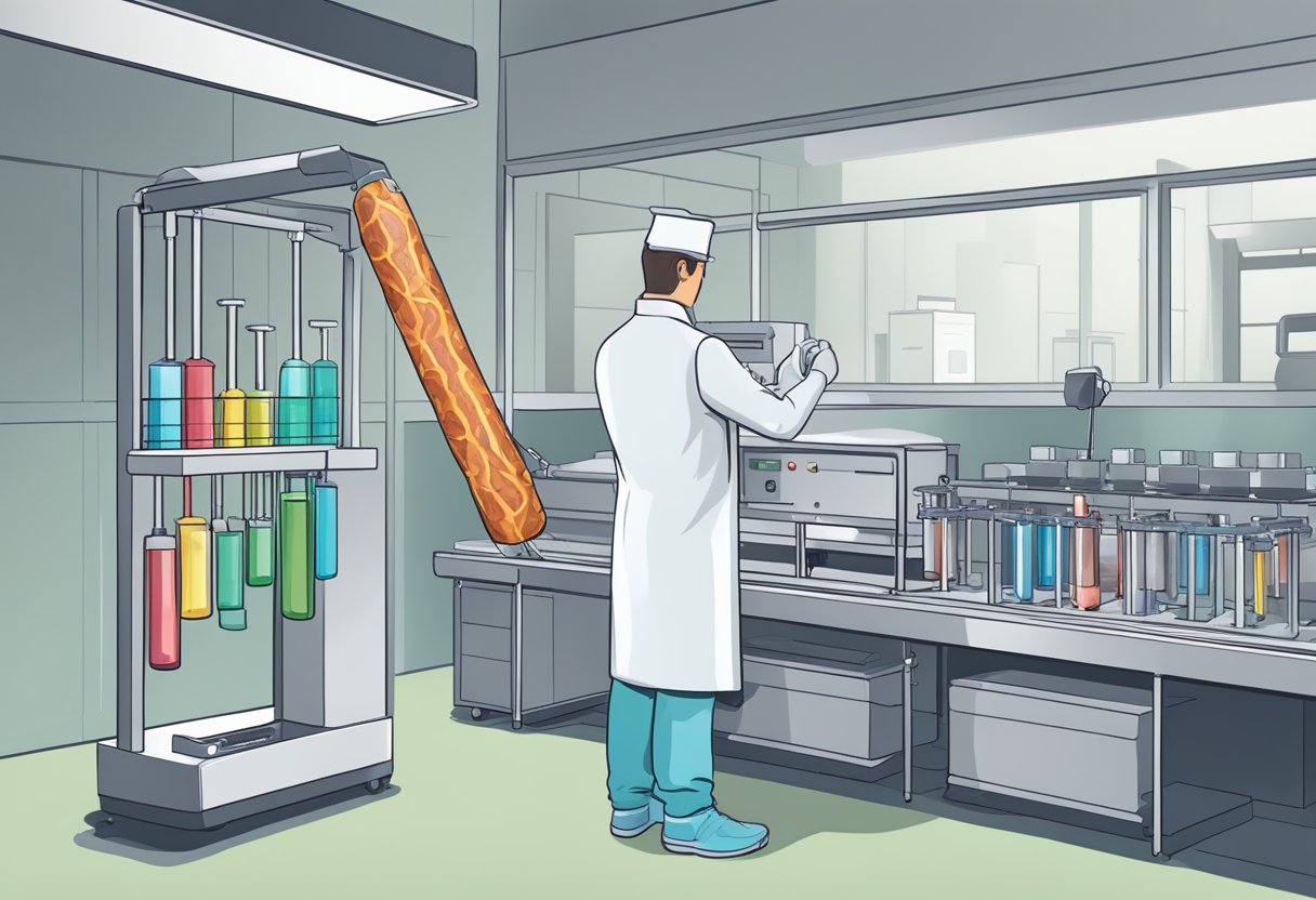 A meat stick is being analyzed for protein content using a lab equipment