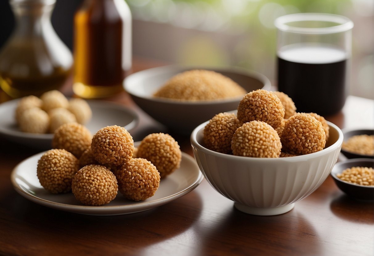 A table with a plate of golden brown sesame balls, surrounded by small bowls of soy sauce and sesame seeds. Airtight containers filled with more sesame balls sit nearby for storage